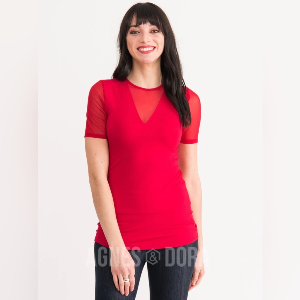 Agnes & Dora Sheer V-Neck Tee Cherry